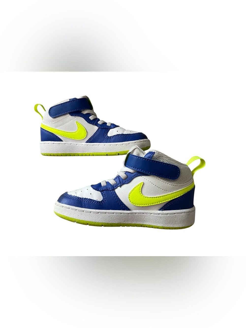 Nike Court Borough Mid Kids Sneakers
Blue, white, and neon yellow Toddler Size 9